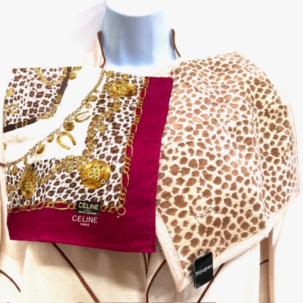 2 New:1 Celine Paris Handker 19" Burgendy Leapard Gold +1 YSL Hand Towel (68) - Picture 2 of 11